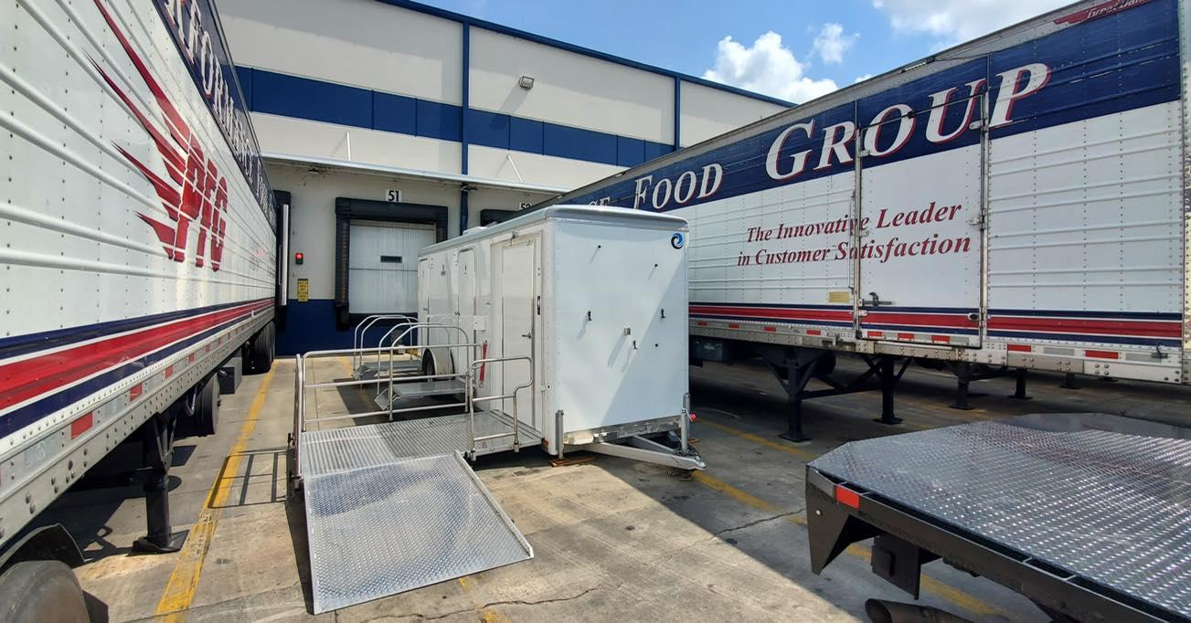 Portable restroom trailer at tailgate